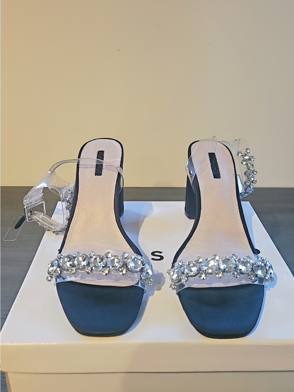 Topshop Black Block Heel Sandals with Crystal Embellished Straps